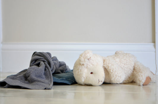 Clothes and toy lamb.